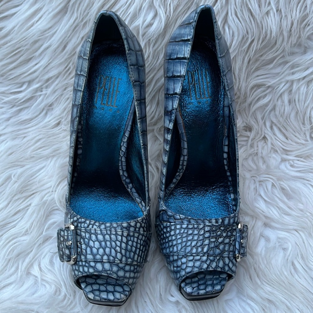 Pelle Moda Blue Croc-Embossed Heels